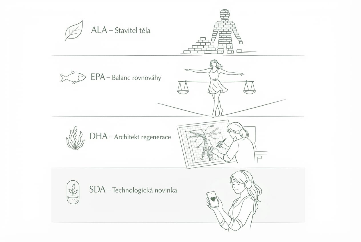 Infografika: ALA – stavitel, EPA – regulátor rovnováhy, DHA – architekt regenerace